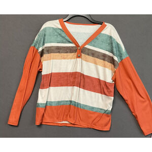 Striped V Neck Pullover Shirt Womens Large Orange Green Long Sleeve Stretch Top